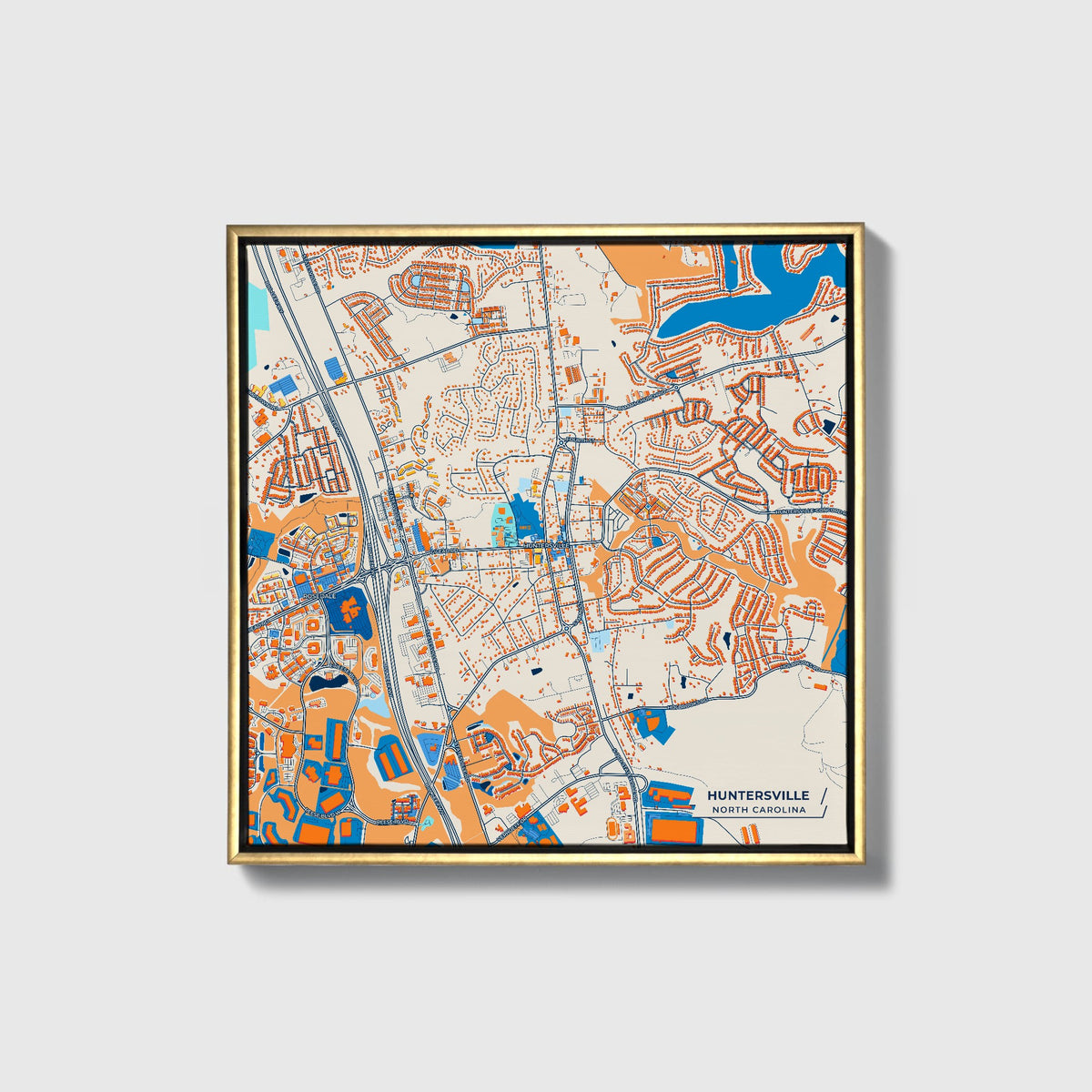 Huntersville North Carolina Colorful City Map Canvas Print • Gold Framed
