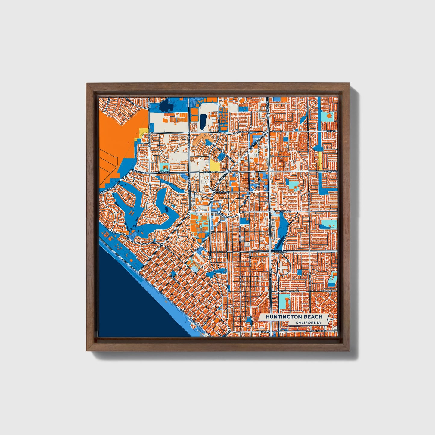 Huntington Beach California Colorful City Map Canvas Print • Dark Wooden Framed