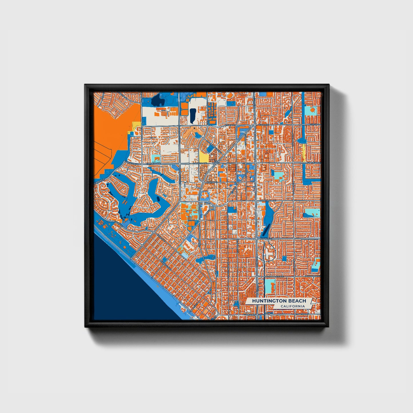 Huntington Beach California Colorful City Map Canvas Print • Black Framed