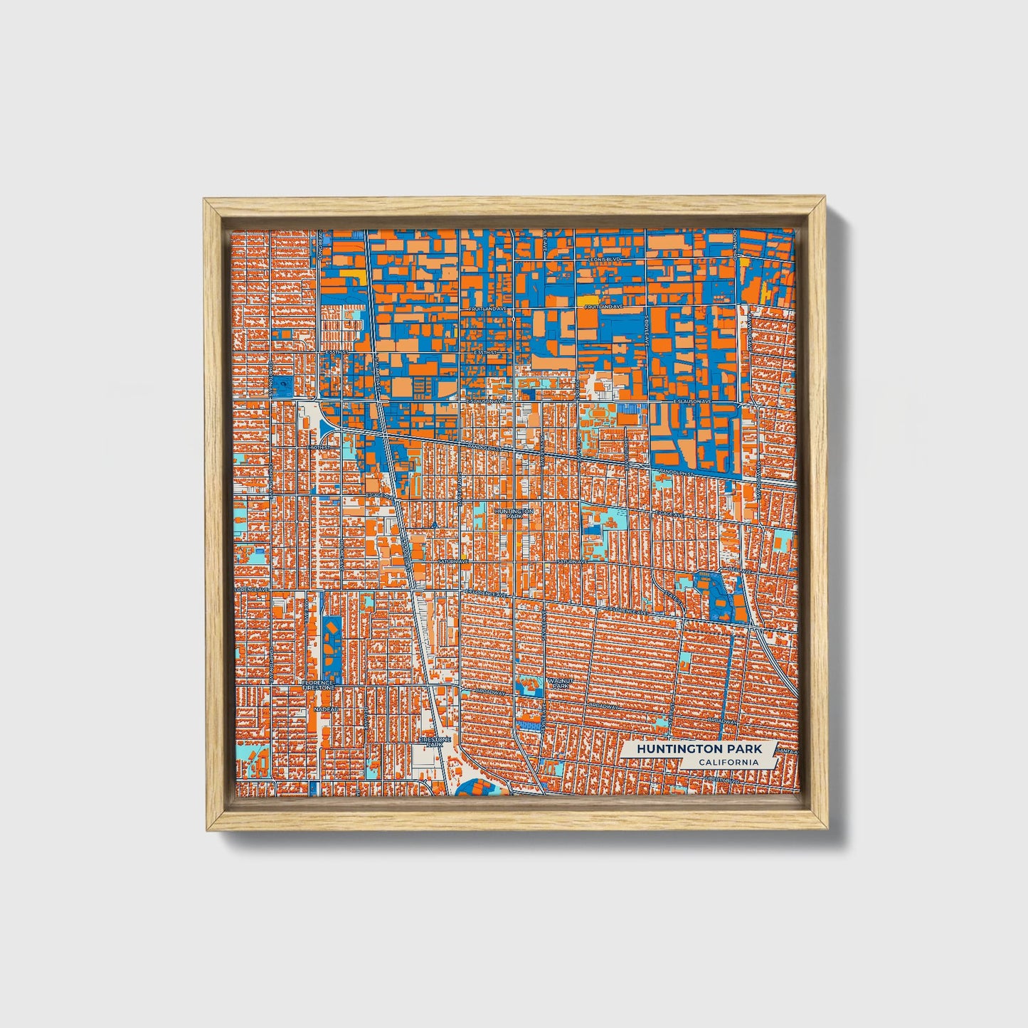 Huntington Park California Colorful City Map Canvas Print • Natural Wooden Framed