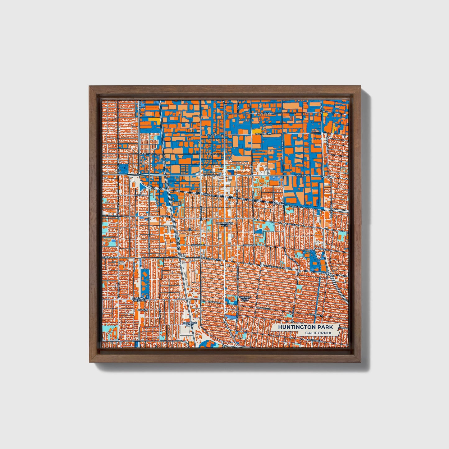 Huntington Park California Colorful City Map Canvas Print • Dark Wooden Framed