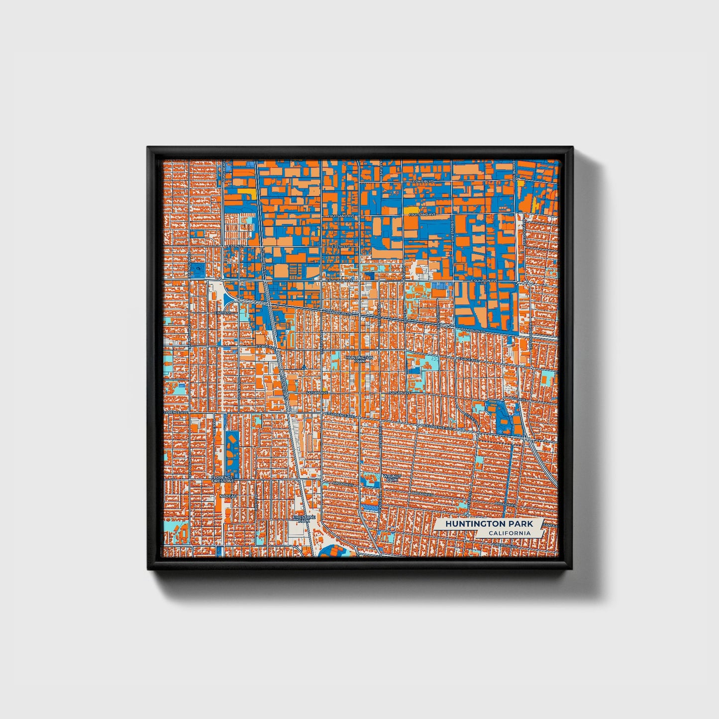 Huntington Park California Colorful City Map Canvas Print • Black Framed