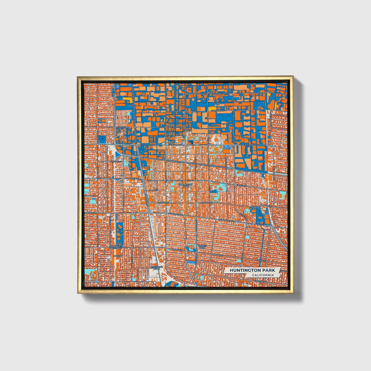 Huntington Park California Colorful City Map Canvas Print • Gold Framed