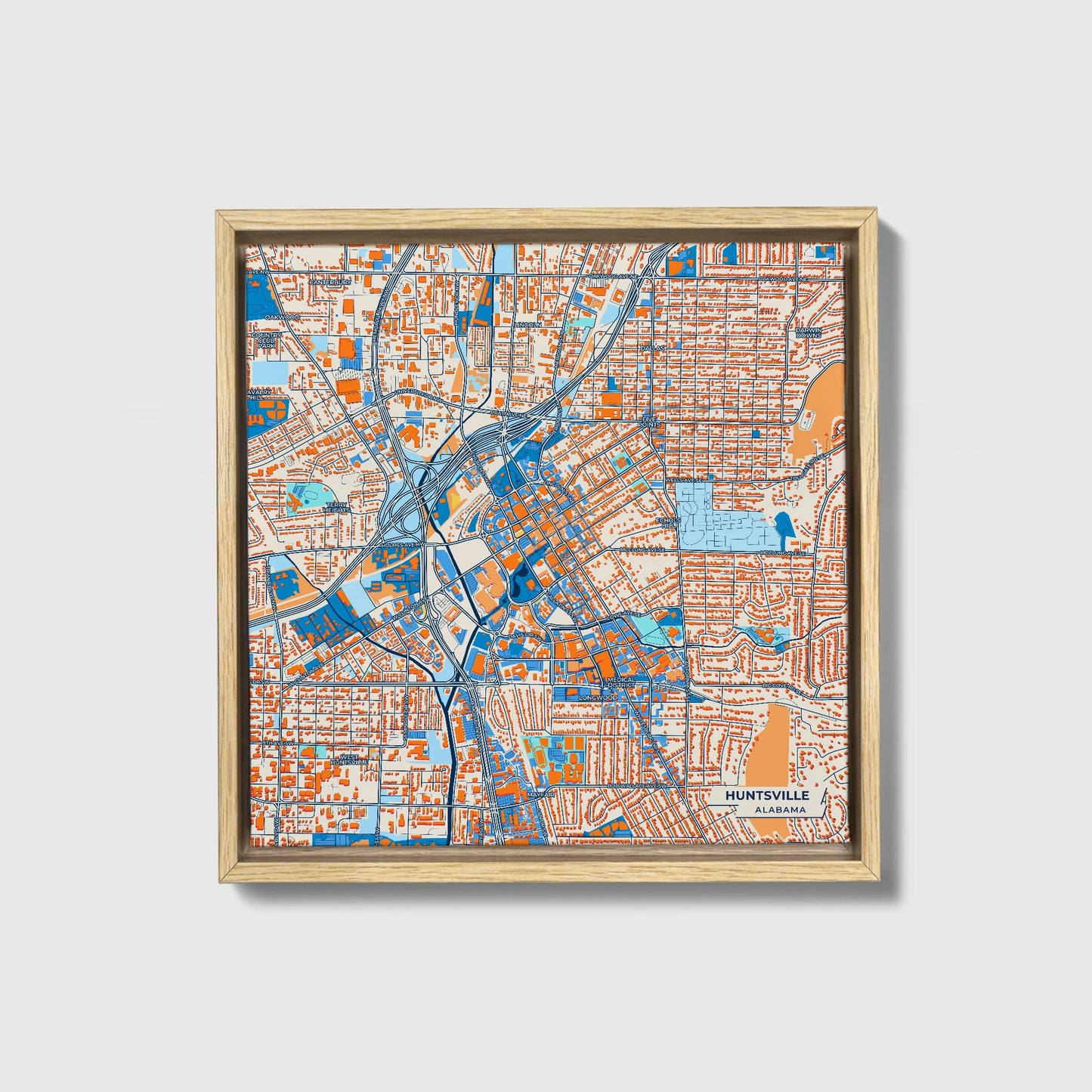 Huntsville Alabama Colorful City Map Canvas Print • Natural Wooden Framed