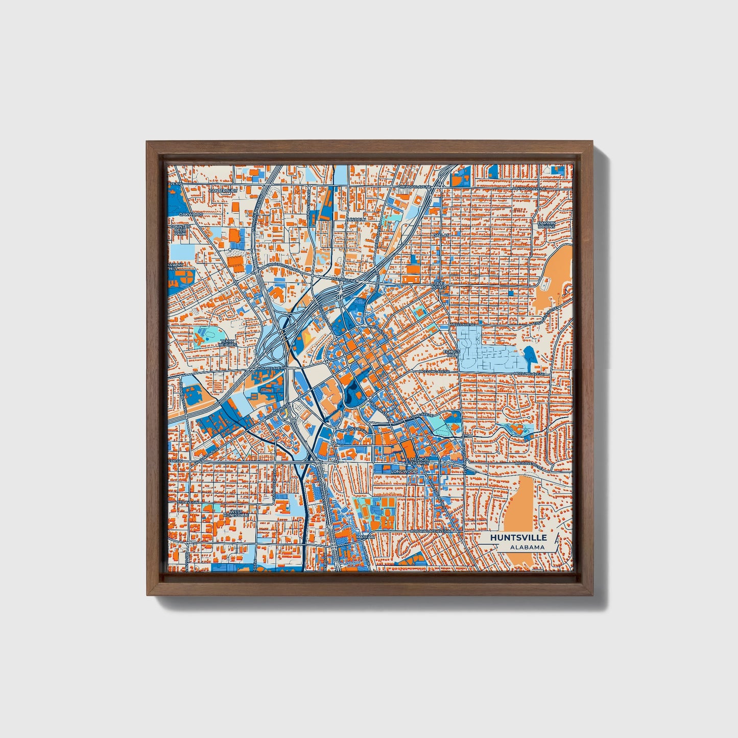 Huntsville Alabama Colorful City Map Canvas Print • Dark Wooden Framed