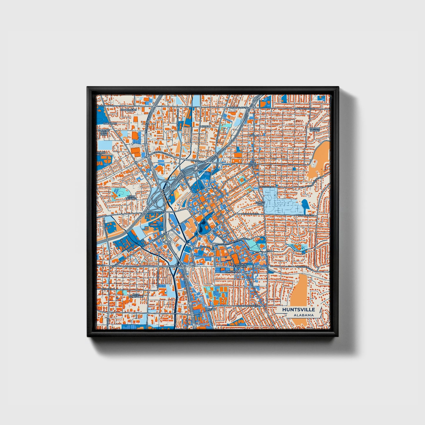 Huntsville Alabama Colorful City Map Canvas Print • Black Framed