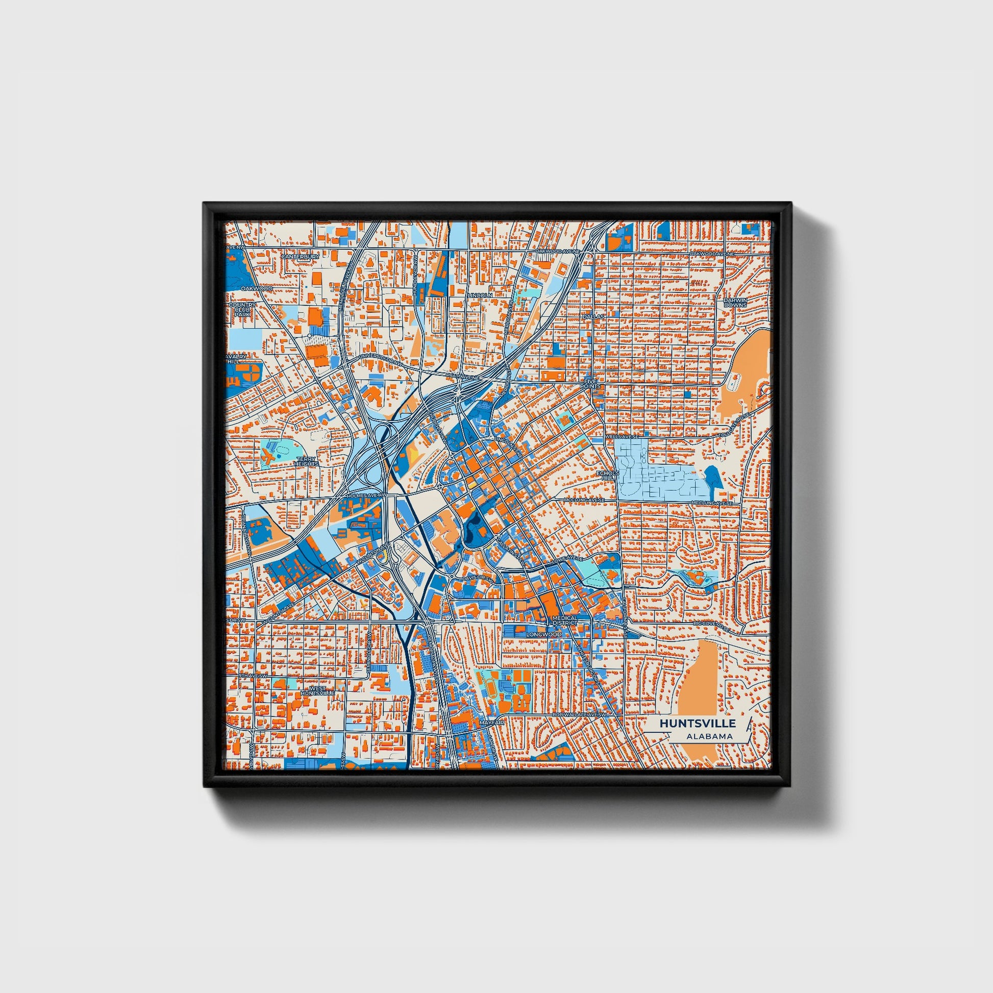 Huntsville Alabama Colorful City Map Canvas Print • Black Framed