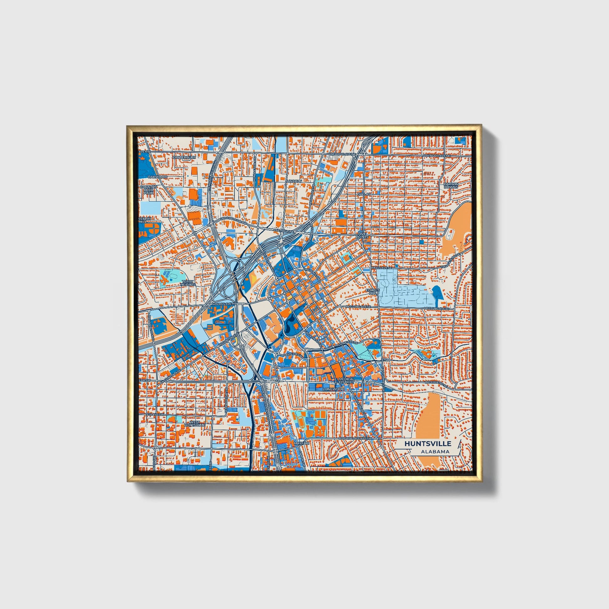 Huntsville Alabama Colorful City Map Canvas Print • Gold Framed