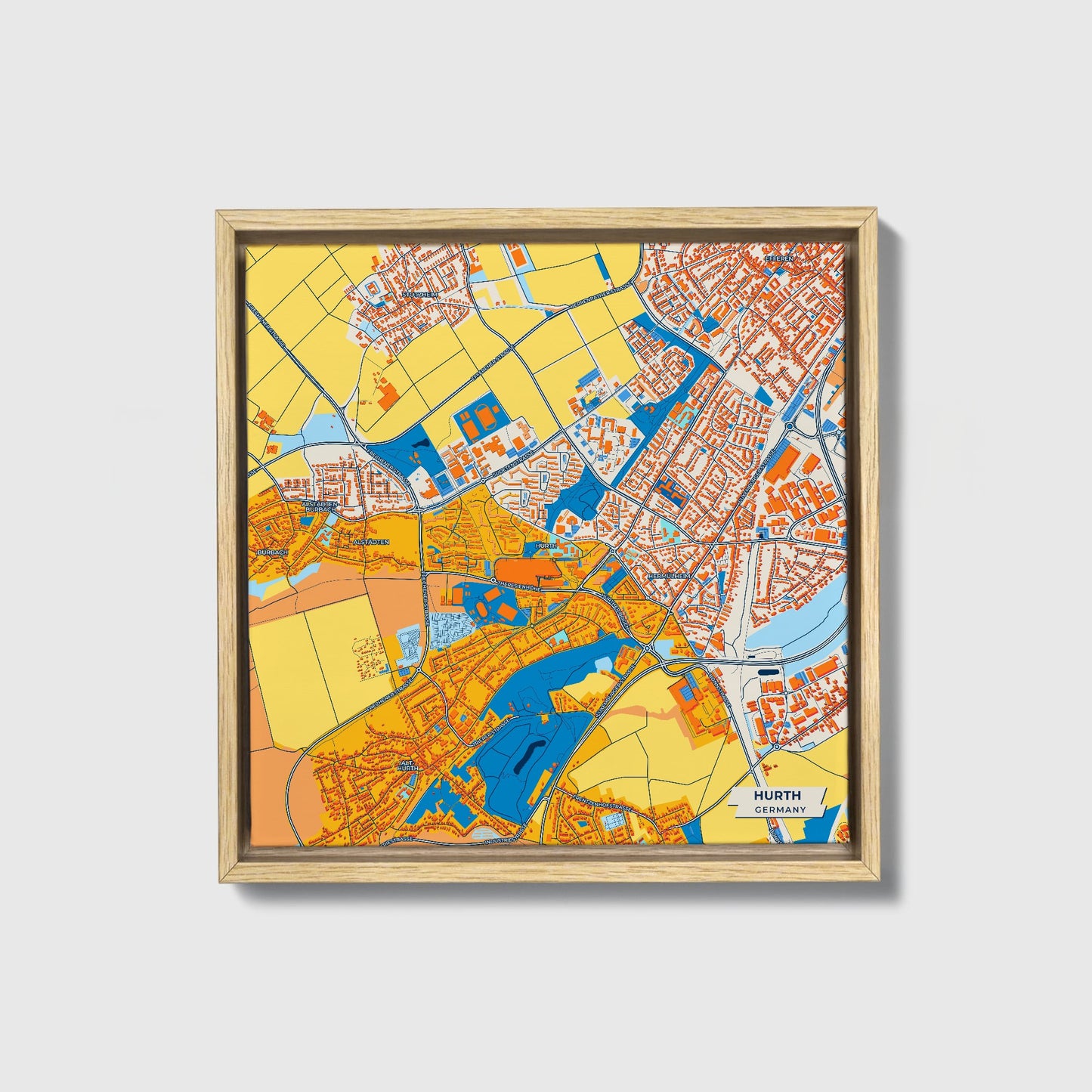 Hürth Germany Colorful City Map Canvas Print • Natural Wooden Framed