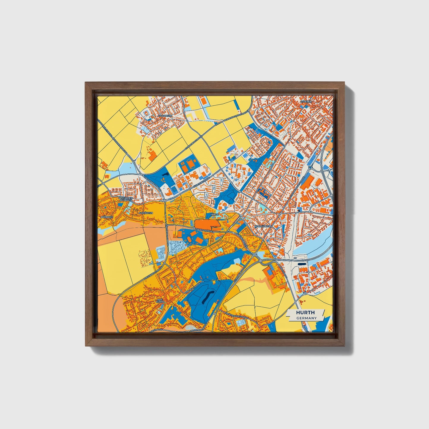Hürth Germany Colorful City Map Canvas Print • Dark Wooden Framed