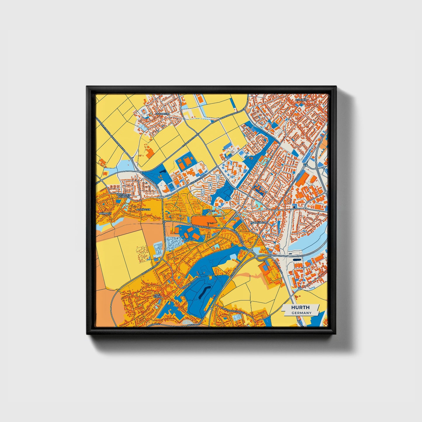 Hürth Germany Colorful City Map Canvas Print • Black Framed