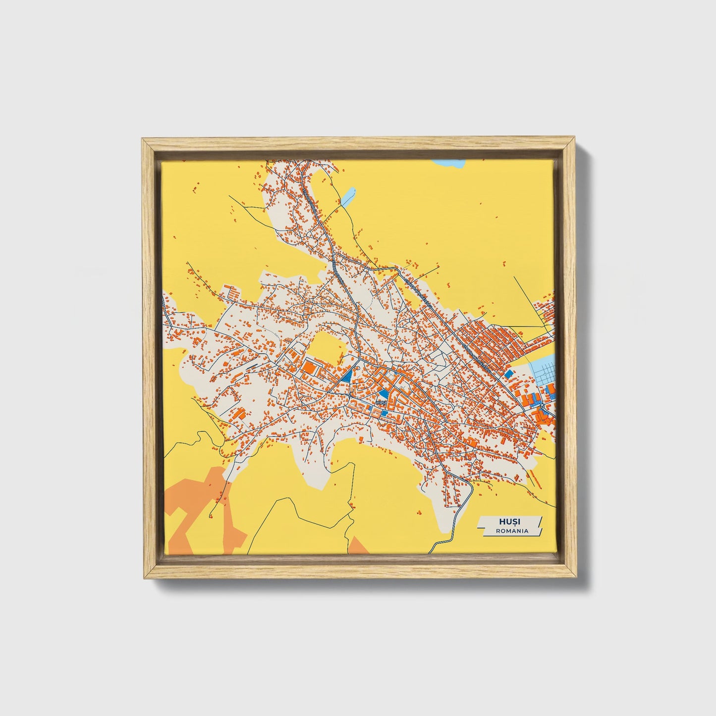 Huși Romania Colorful City Map Canvas Print • Natural Wooden Framed
