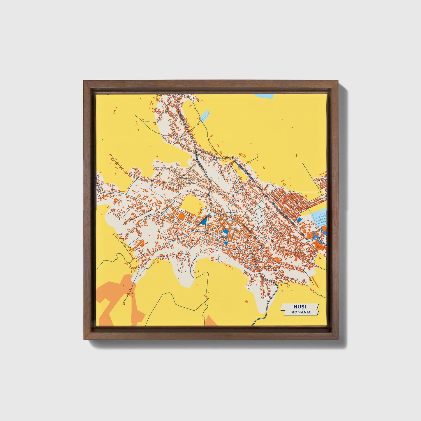Huși Romania Colorful City Map Canvas Print • Dark Wooden Framed