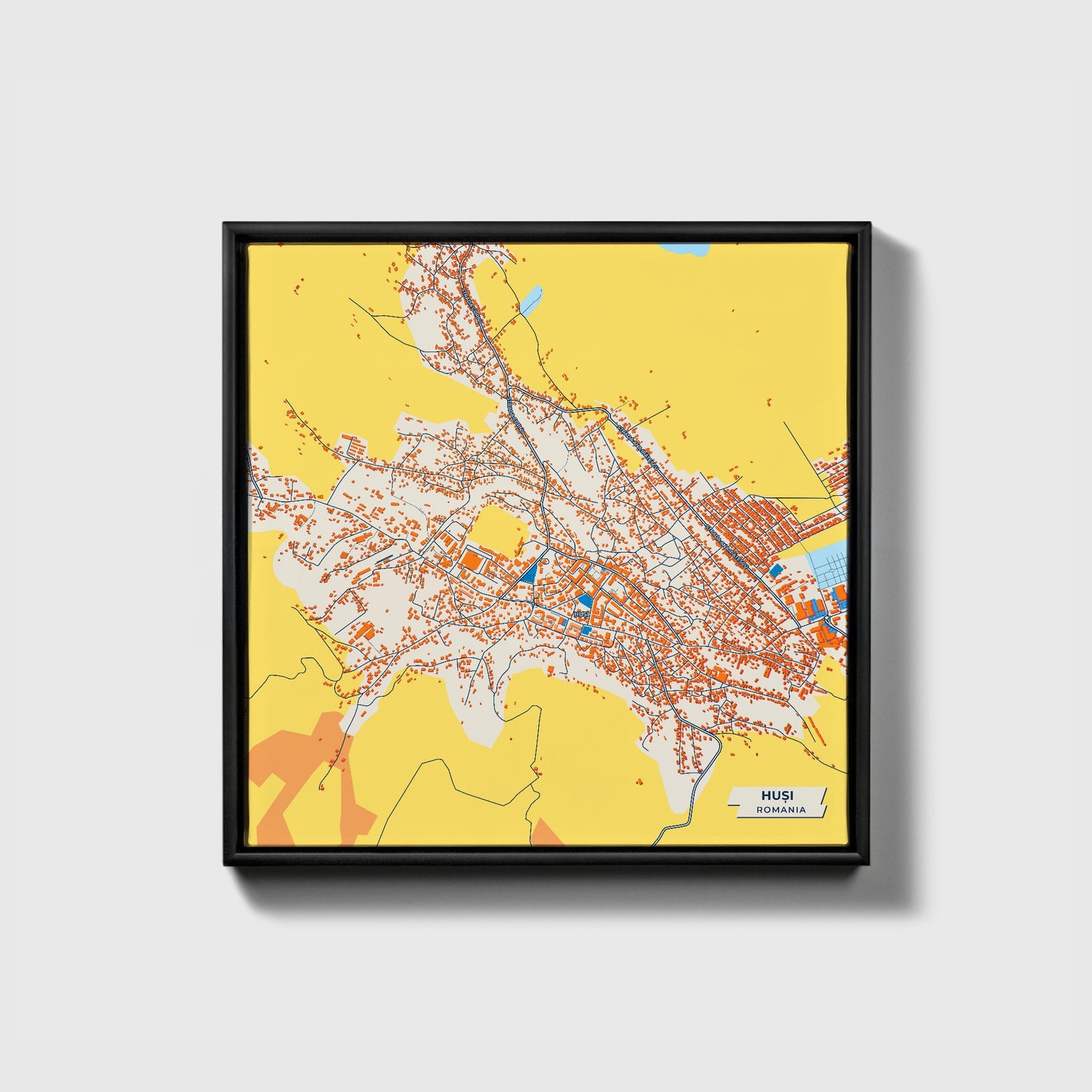 Huși Romania Colorful City Map Canvas Print • Black Framed
