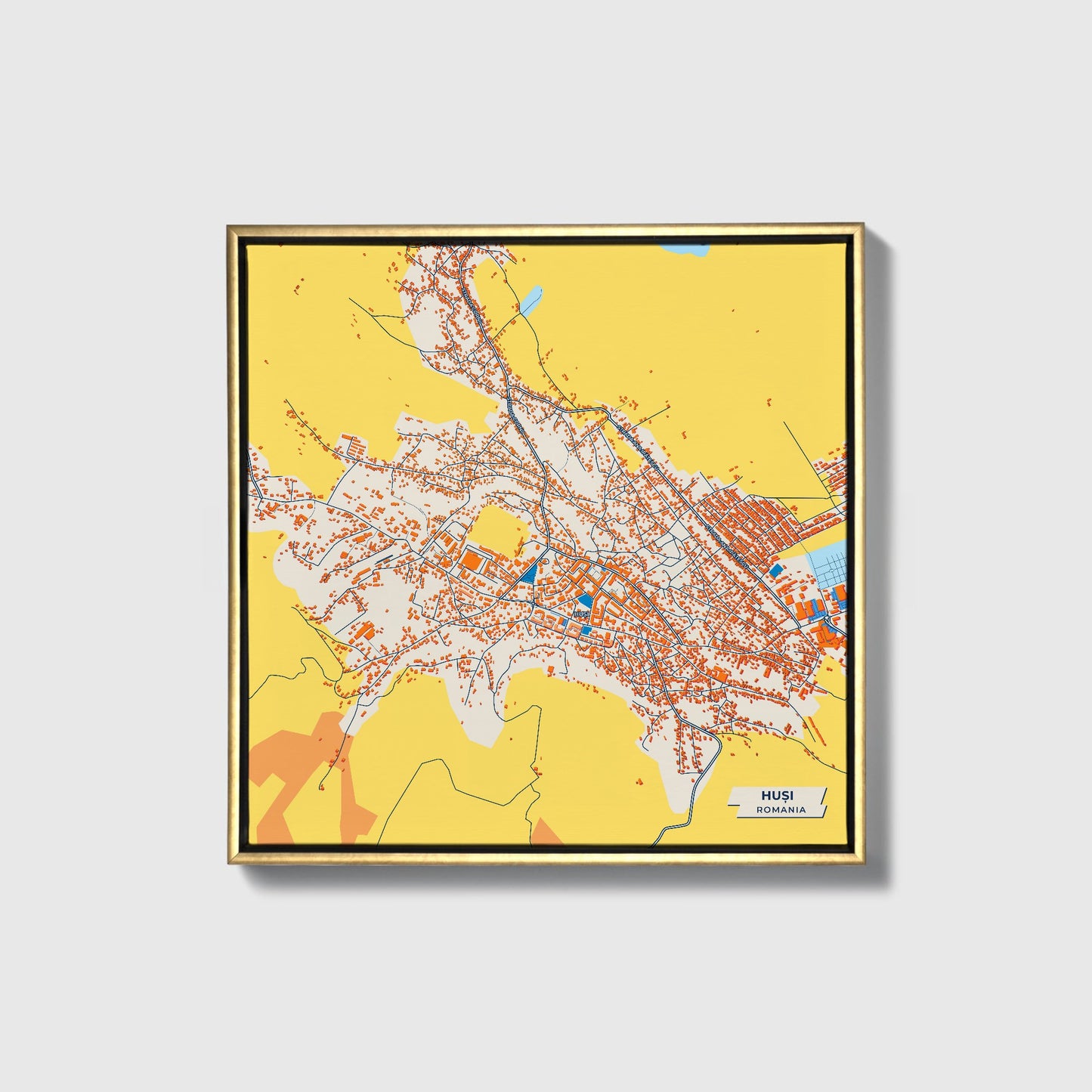 Huși Romania Colorful City Map Canvas Print • Gold Framed