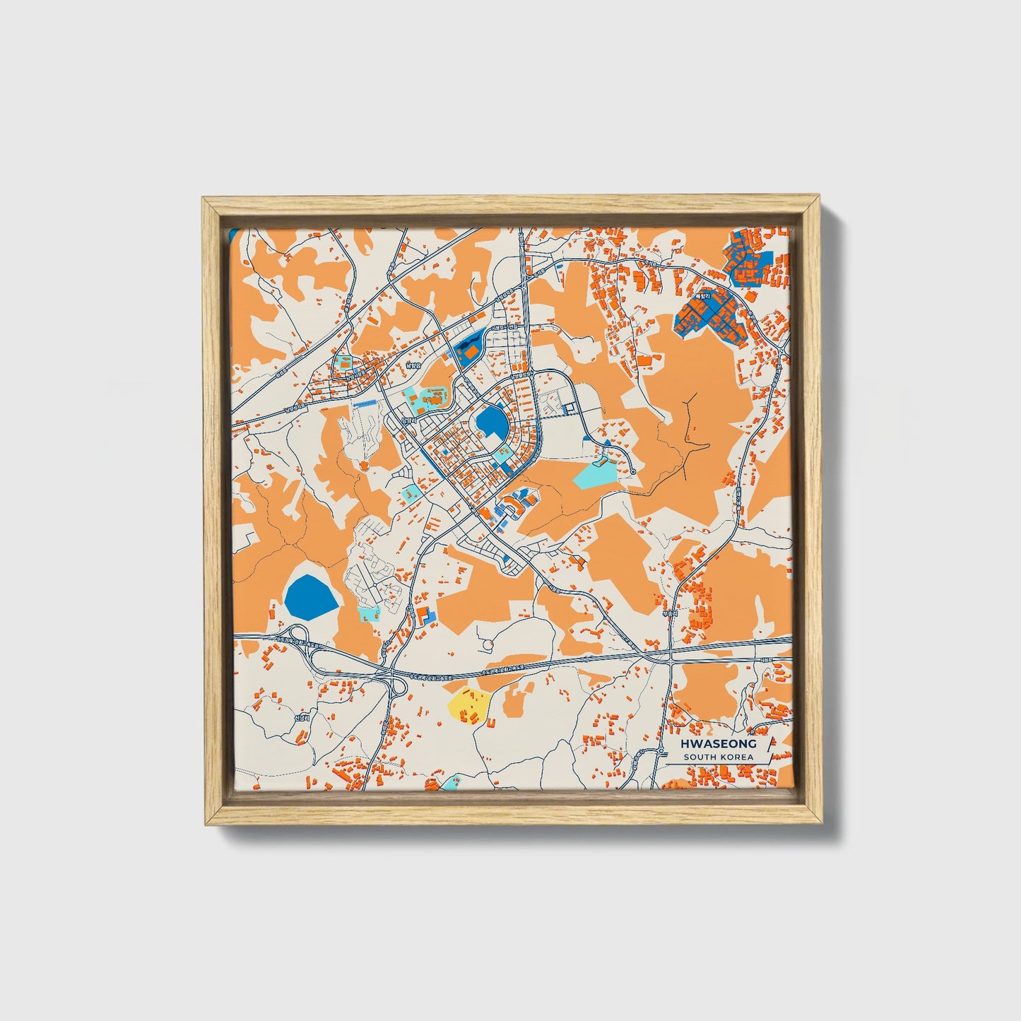 Hwaseong South Korea Colorful City Map Canvas Print • Natural Wooden Framed