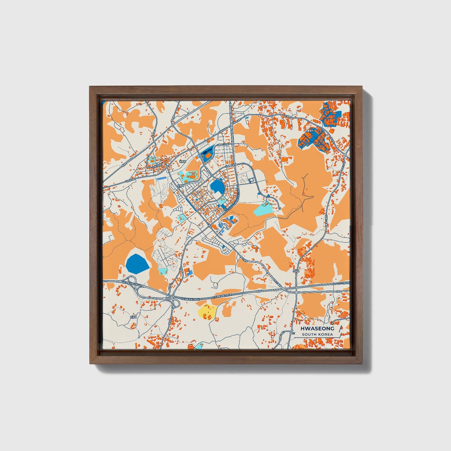 Hwaseong South Korea Colorful City Map Canvas Print • Dark Wooden Framed
