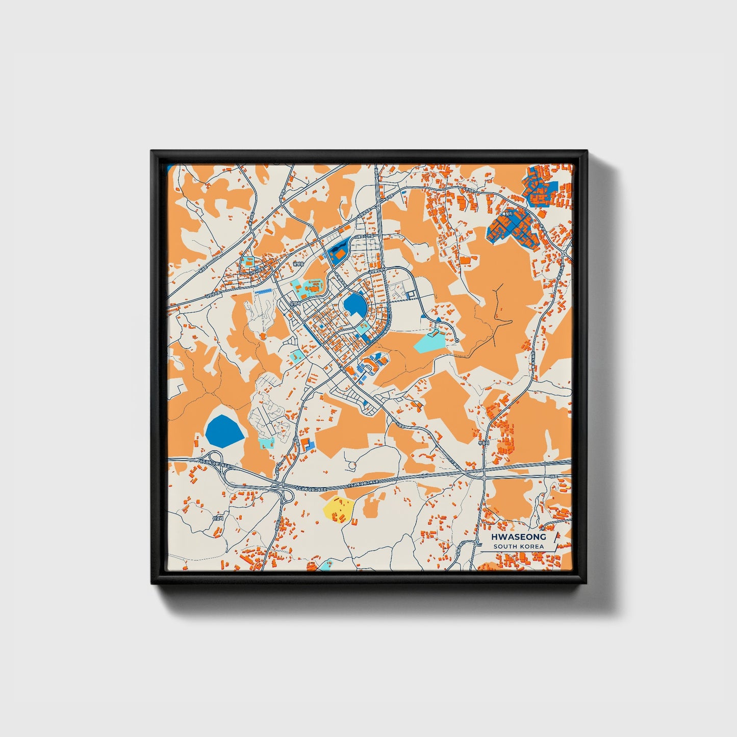 Hwaseong South Korea Colorful City Map Canvas Print • Black Framed