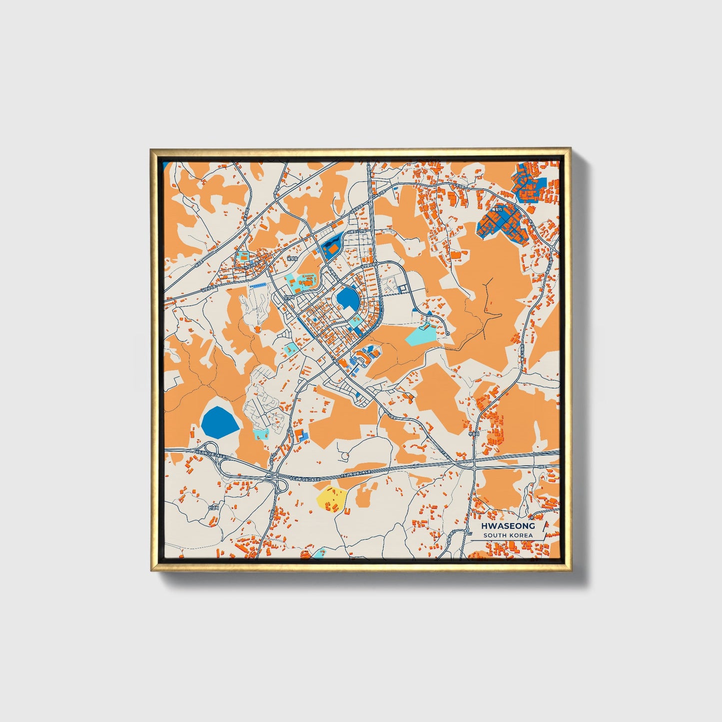 Hwaseong South Korea Colorful City Map Canvas Print • Gold Framed