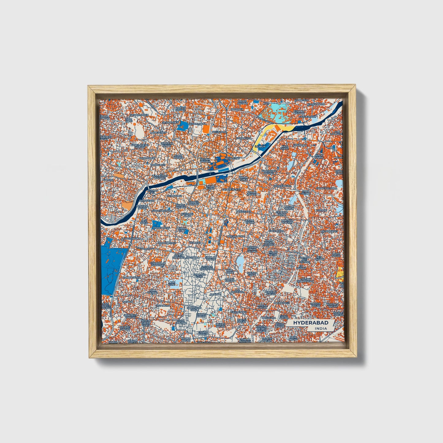 Hyderabad India Colorful City Map Canvas Print • Natural Wooden Framed