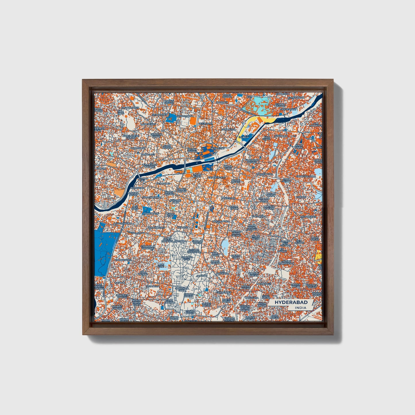 Hyderabad India Colorful City Map Canvas Print • Dark Wooden Framed