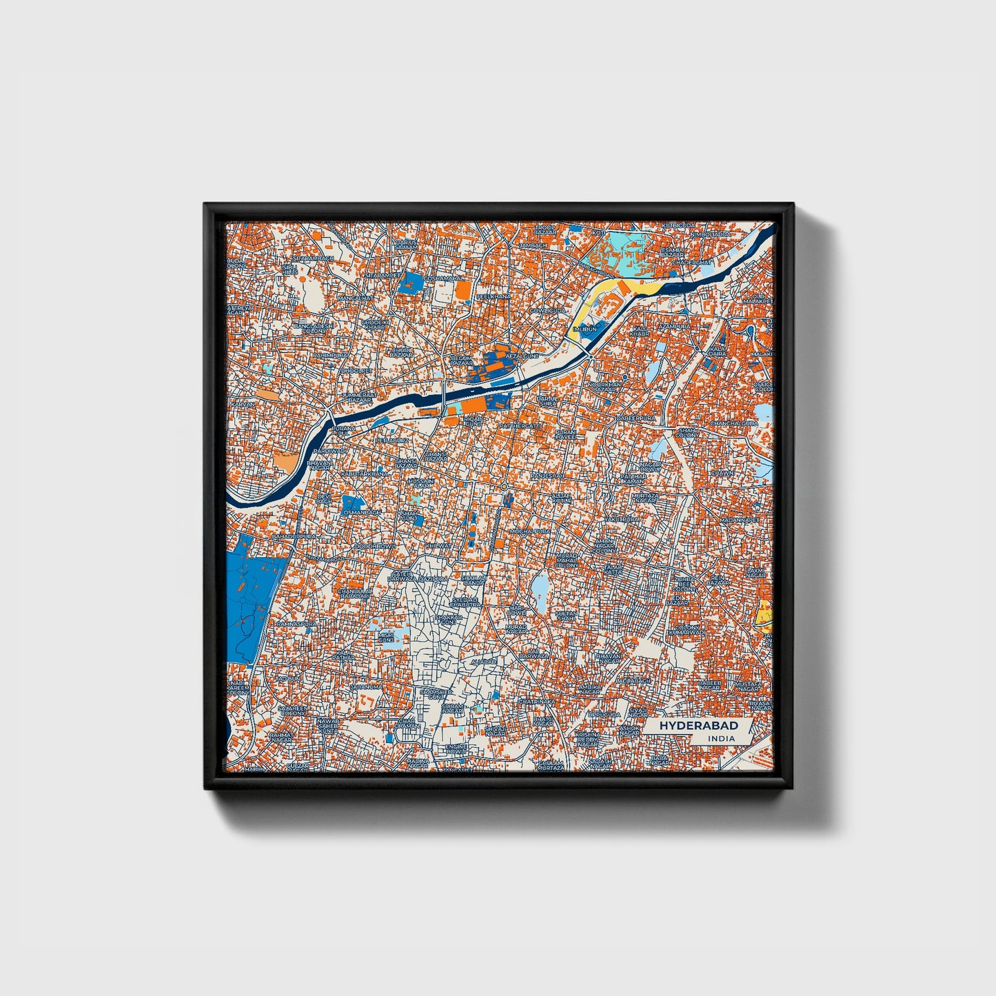 Hyderabad India Colorful City Map Canvas Print • Black Framed
