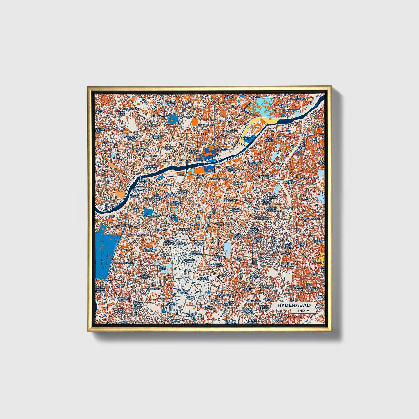 Hyderabad India Colorful City Map Canvas Print • Gold Framed