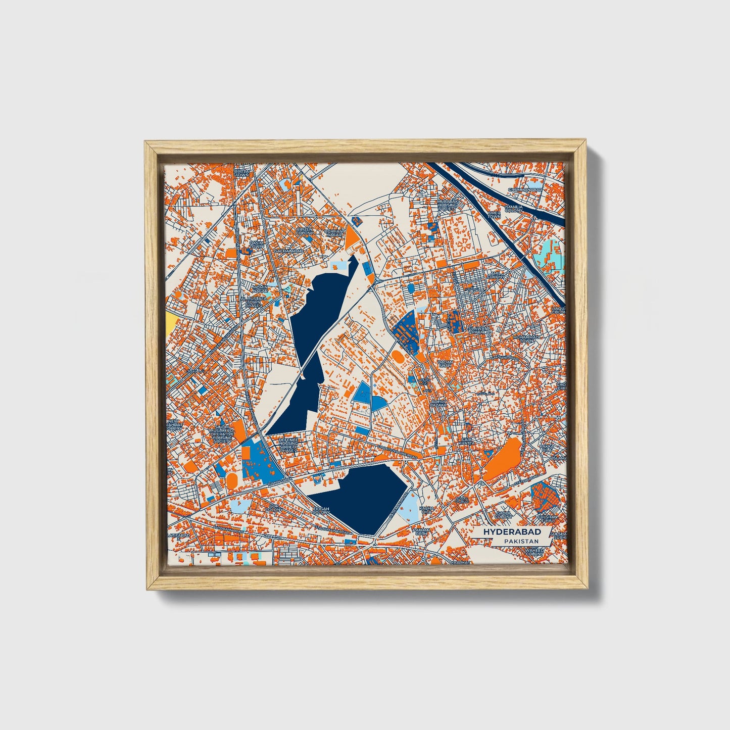 Hyderabad Pakistan Colorful City Map Canvas Print • Natural Wooden Framed