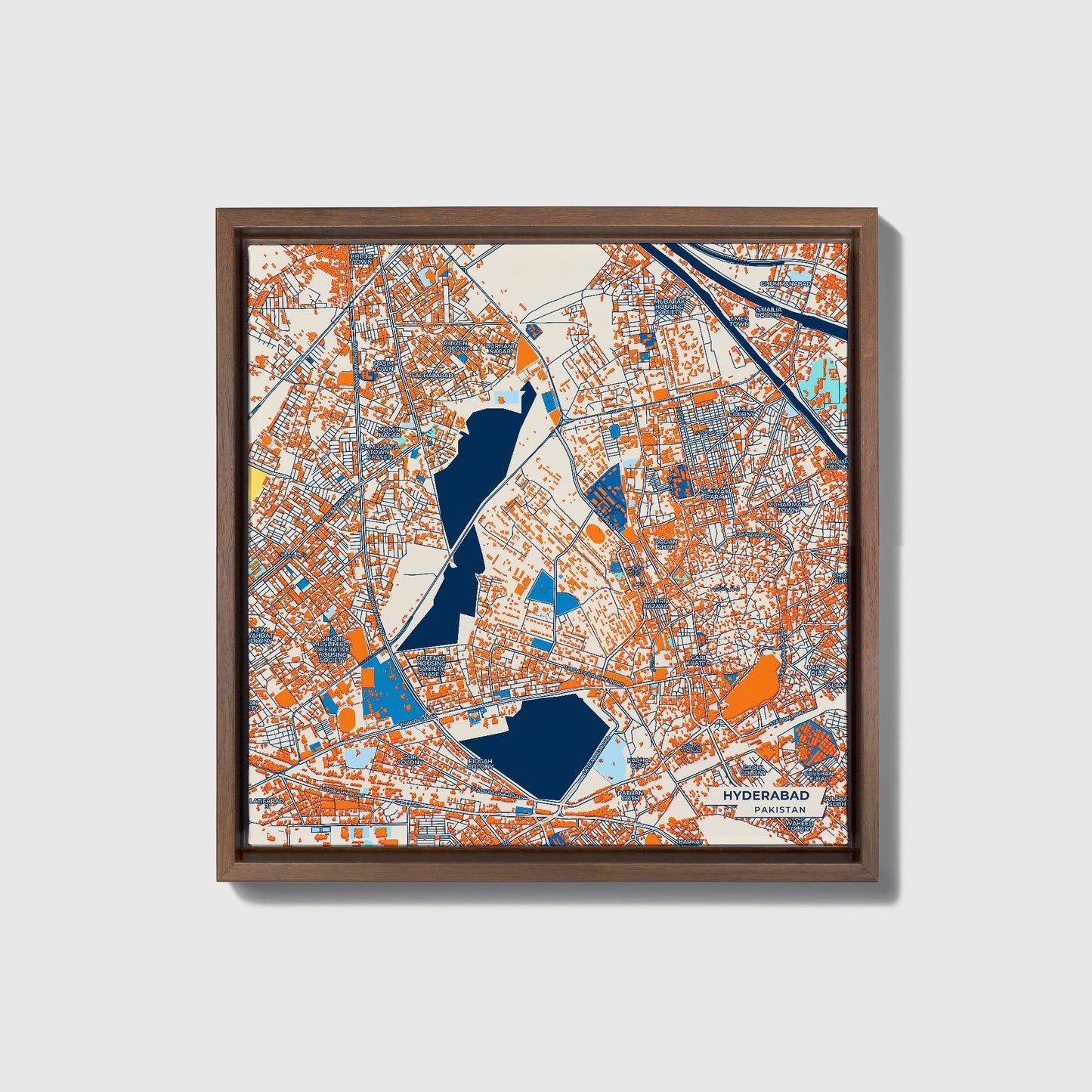 Hyderabad Pakistan Colorful City Map Canvas Print • Dark Wooden Framed