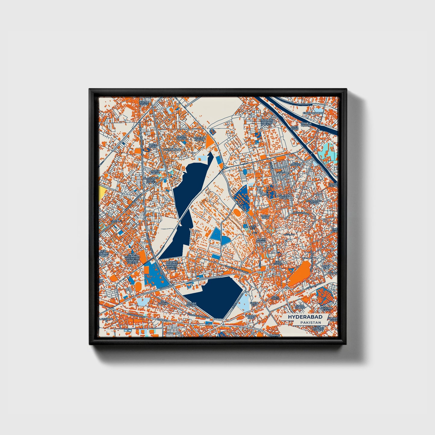Hyderabad Pakistan Colorful City Map Canvas Print • Black Framed