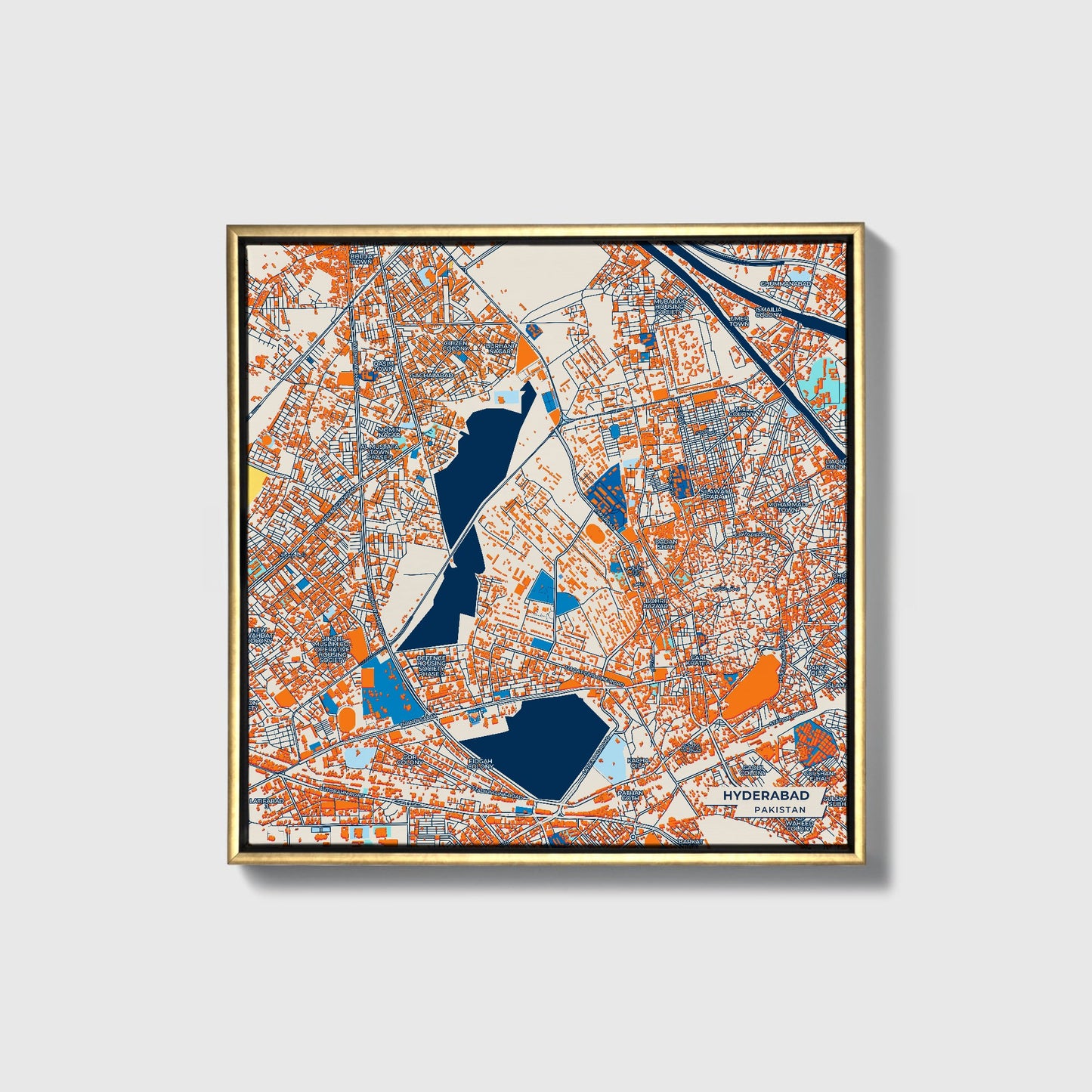 Hyderabad Pakistan Colorful City Map Canvas Print • Gold Framed