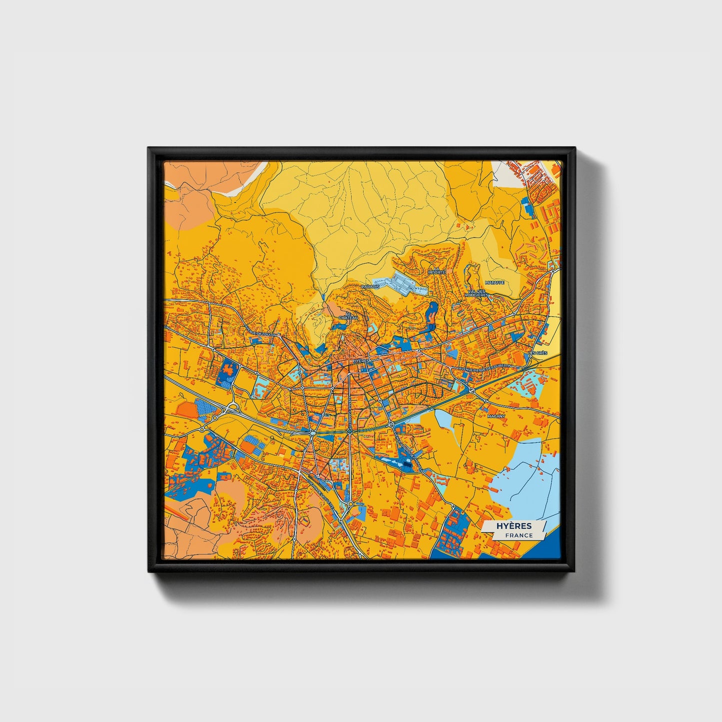 Hyères France Colorful City Map Canvas Print • Black Framed