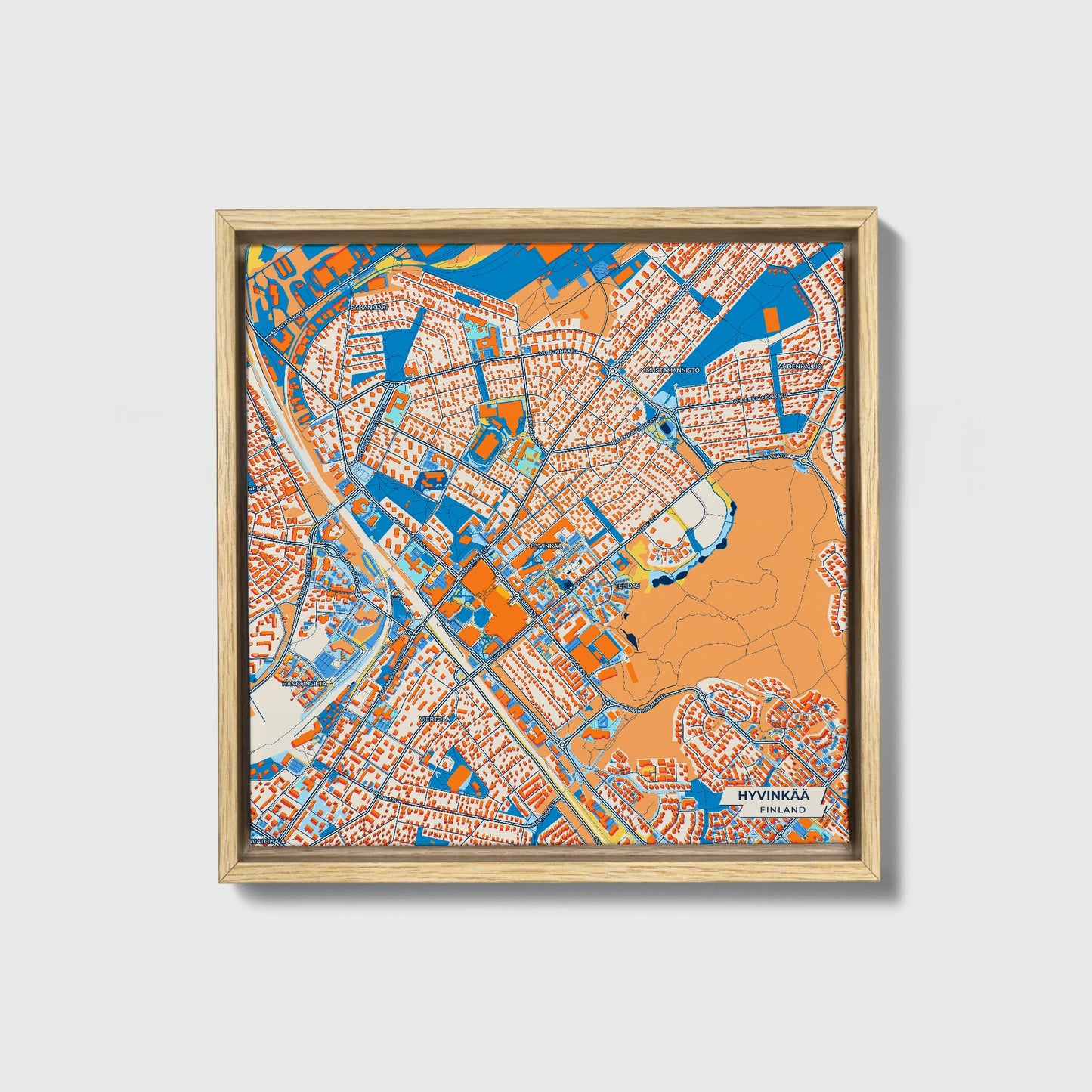 Hyvinkää Finland Colorful City Map Canvas Print • Natural Wooden Framed