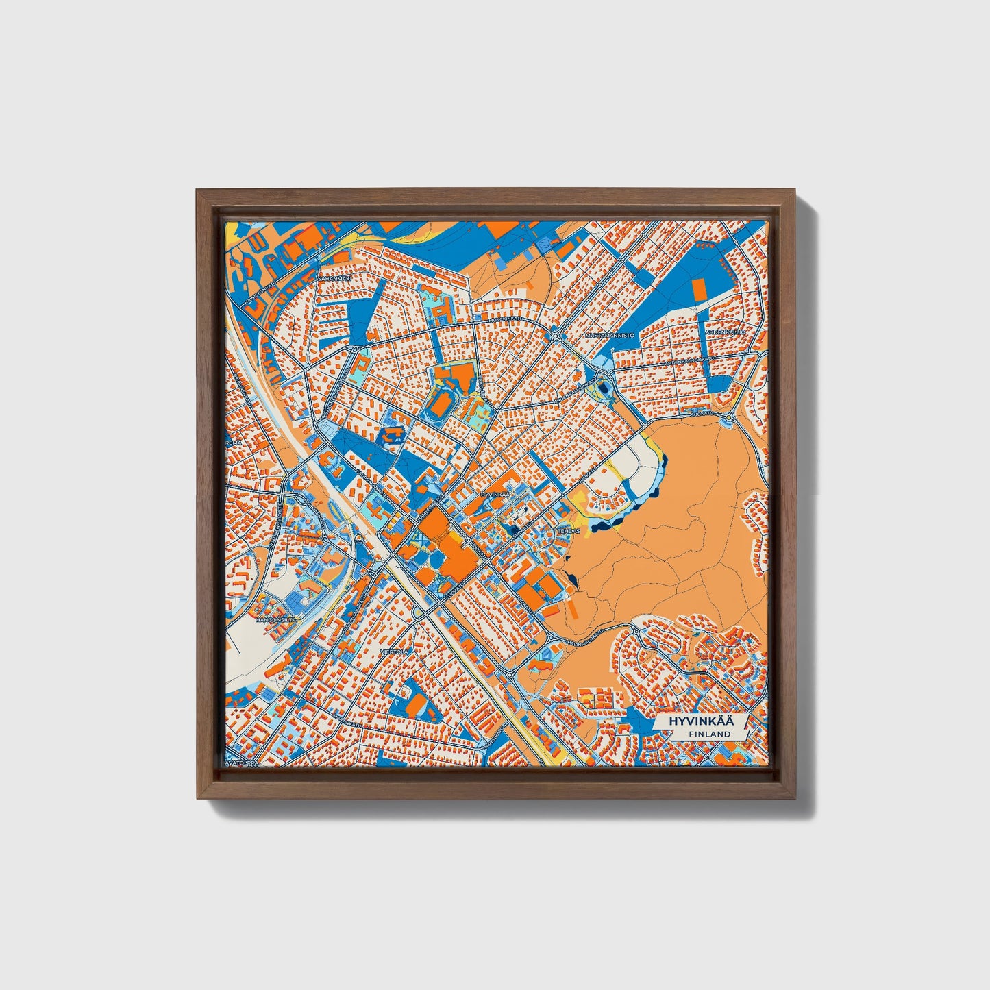 Hyvinkää Finland Colorful City Map Canvas Print • Dark Wooden Framed