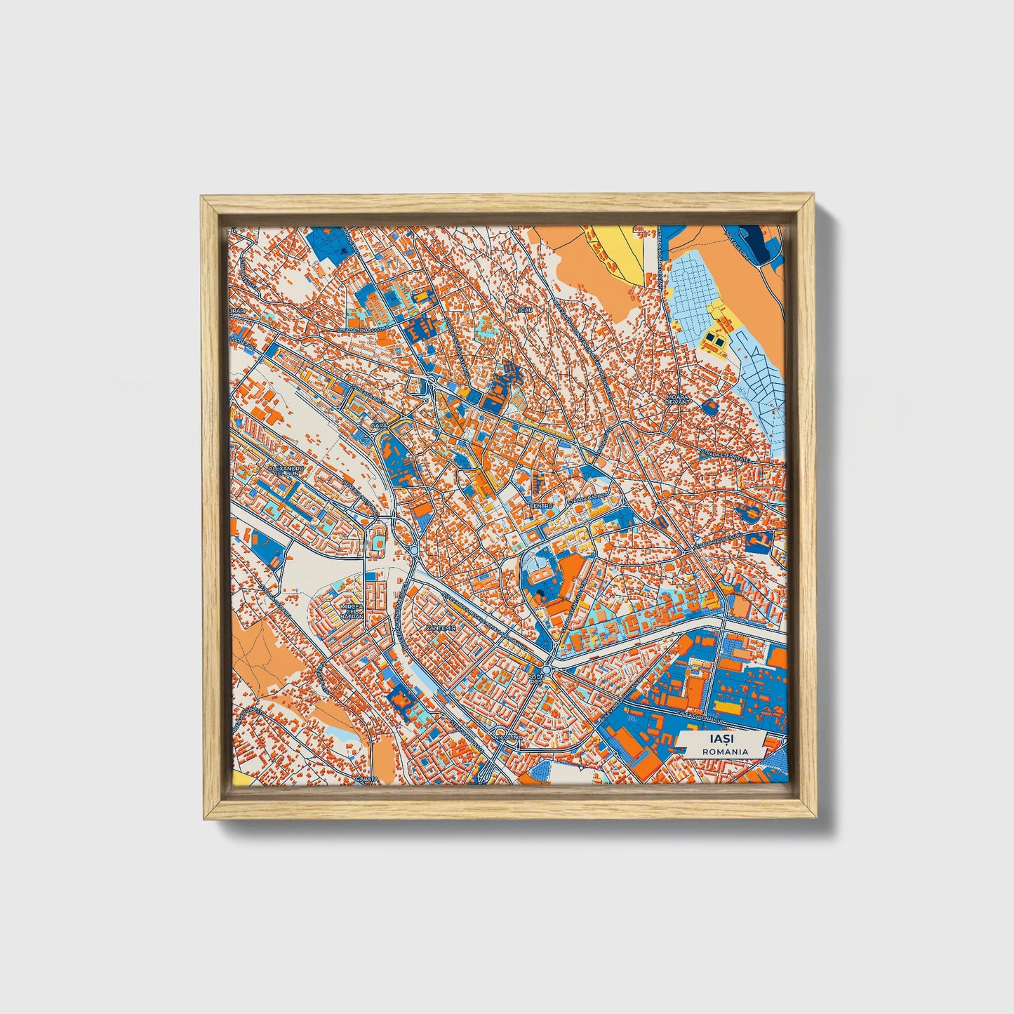 Iași Romania Colorful City Map Canvas Print • Natural Wooden Framed