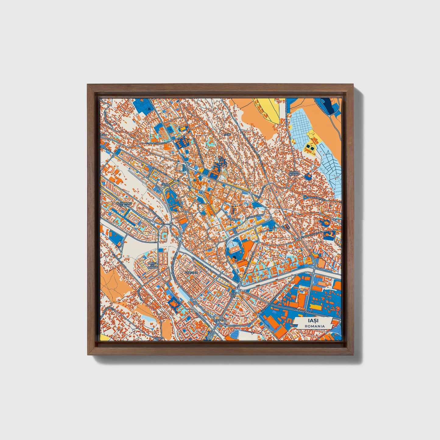 Iași Romania Colorful City Map Canvas Print • Dark Wooden Framed