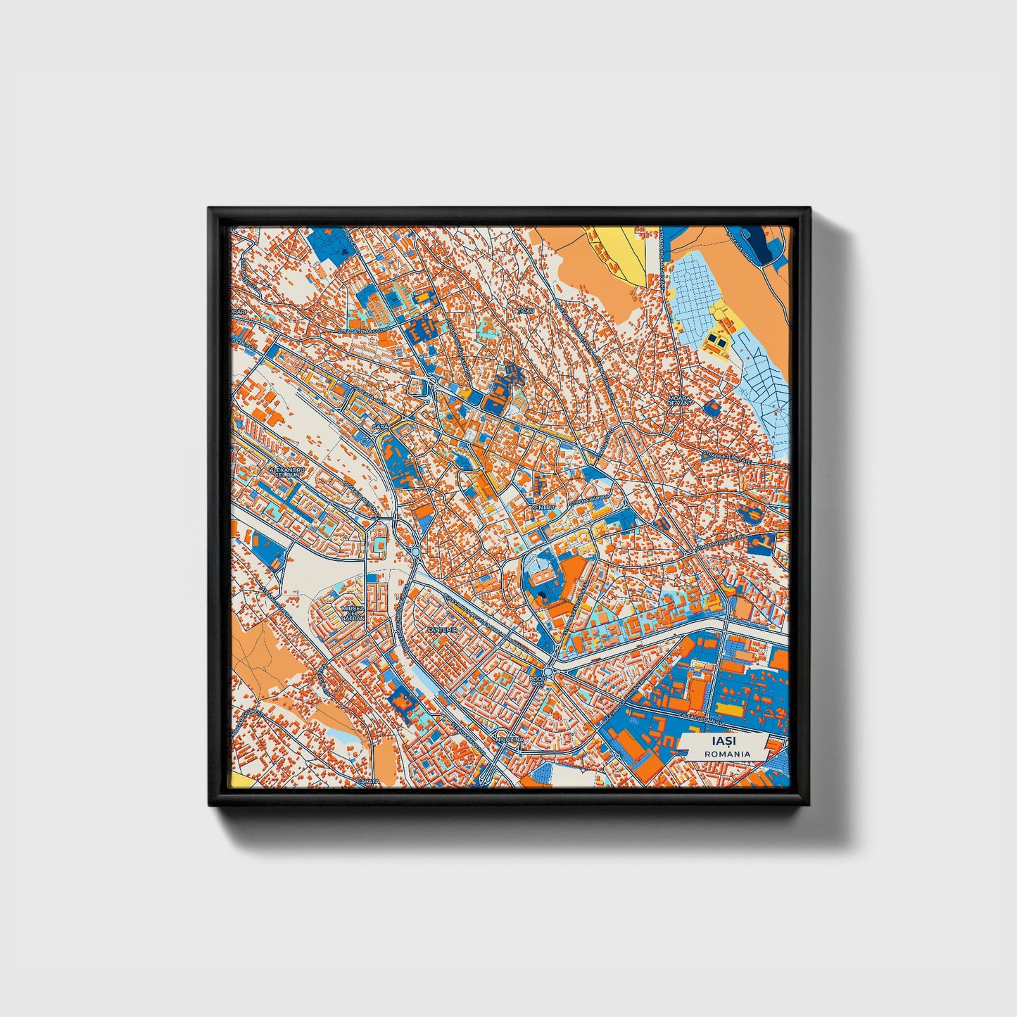 Iași Romania Colorful City Map Canvas Print • Black Framed