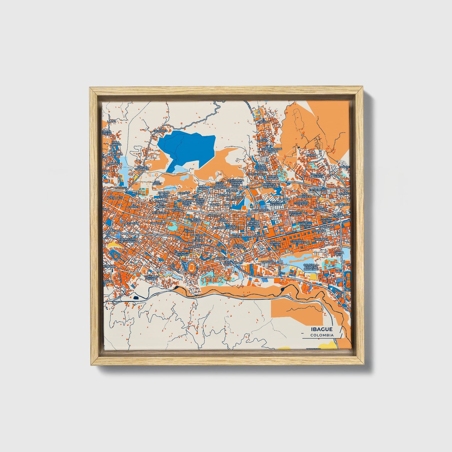 Ibague Colombia Colorful City Map Canvas Print • Natural Wooden Framed