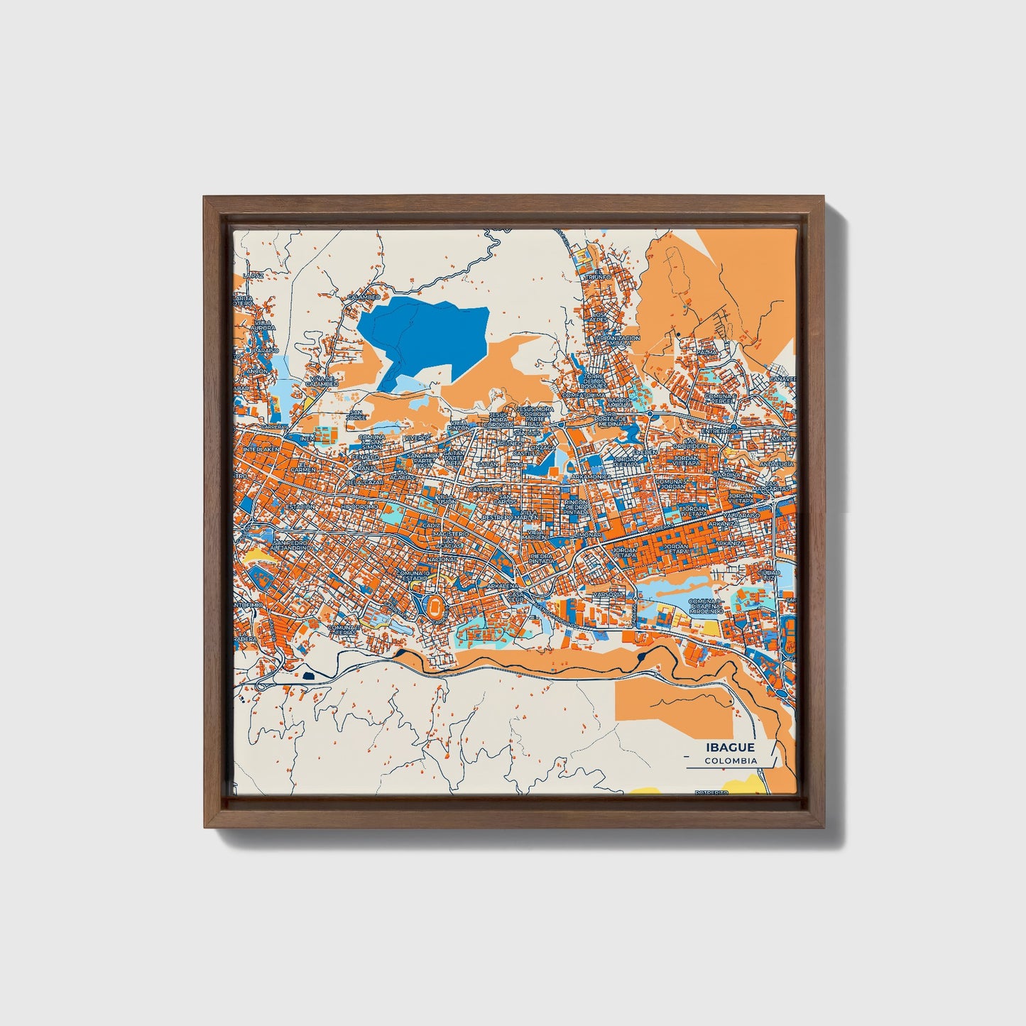 Ibague Colombia Colorful City Map Canvas Print • Dark Wooden Framed