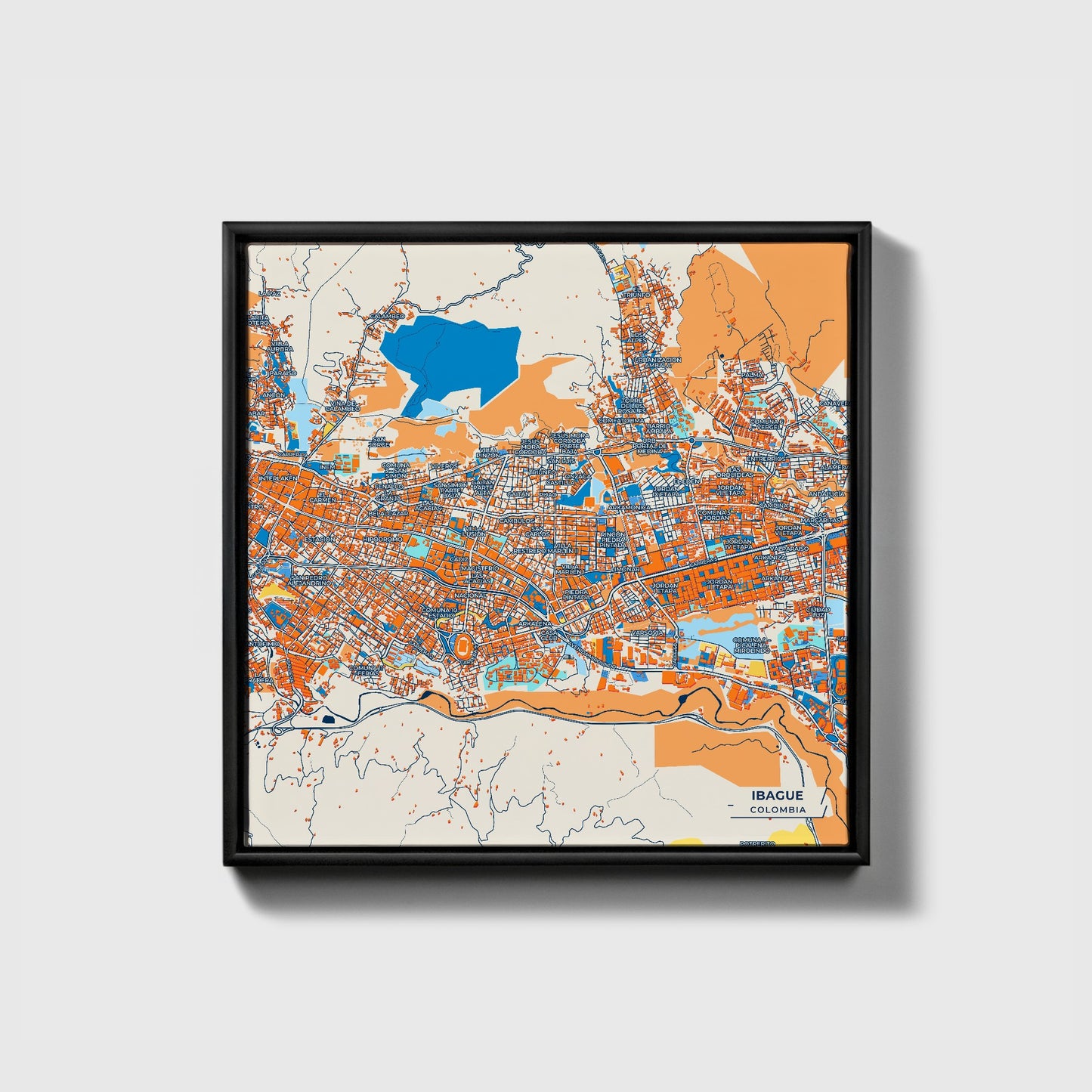 Ibague Colombia Colorful City Map Canvas Print • Black Framed