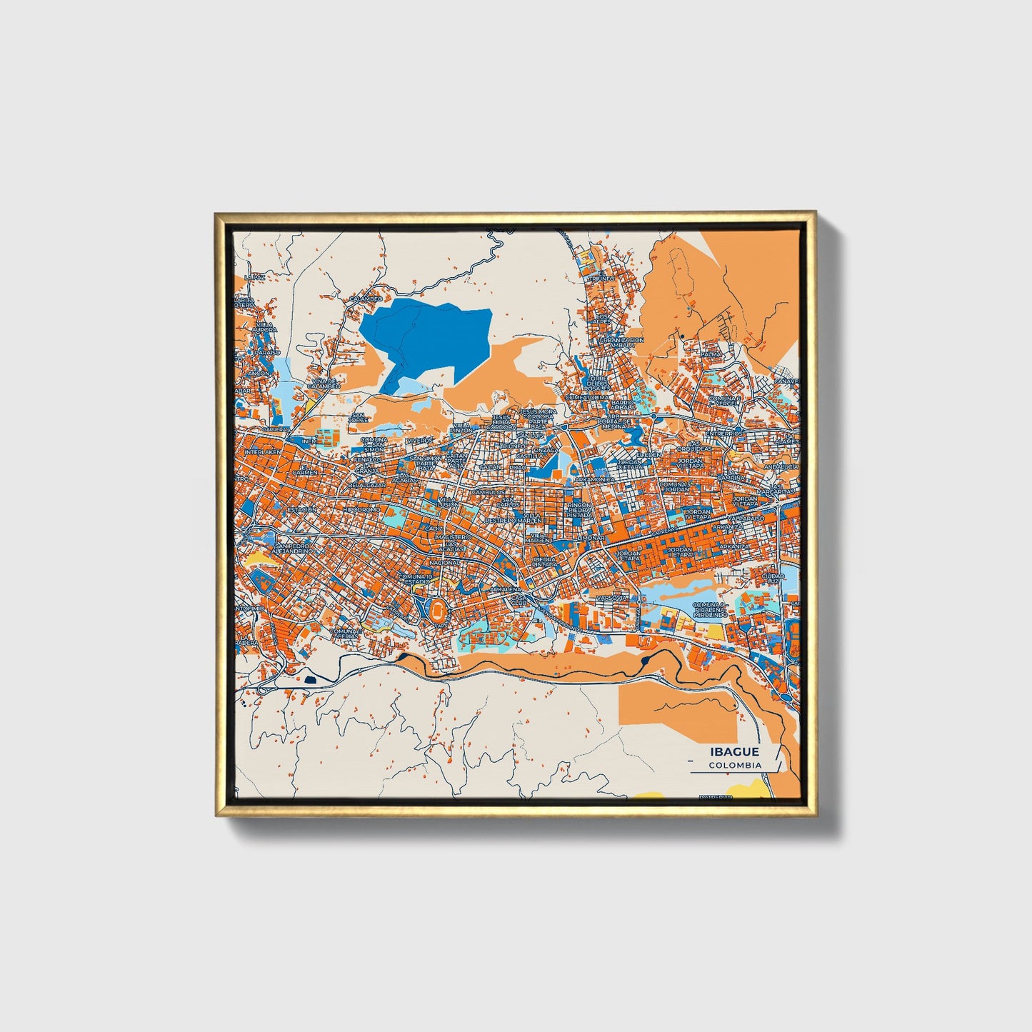 Ibague Colombia Colorful City Map Canvas Print • Gold Framed