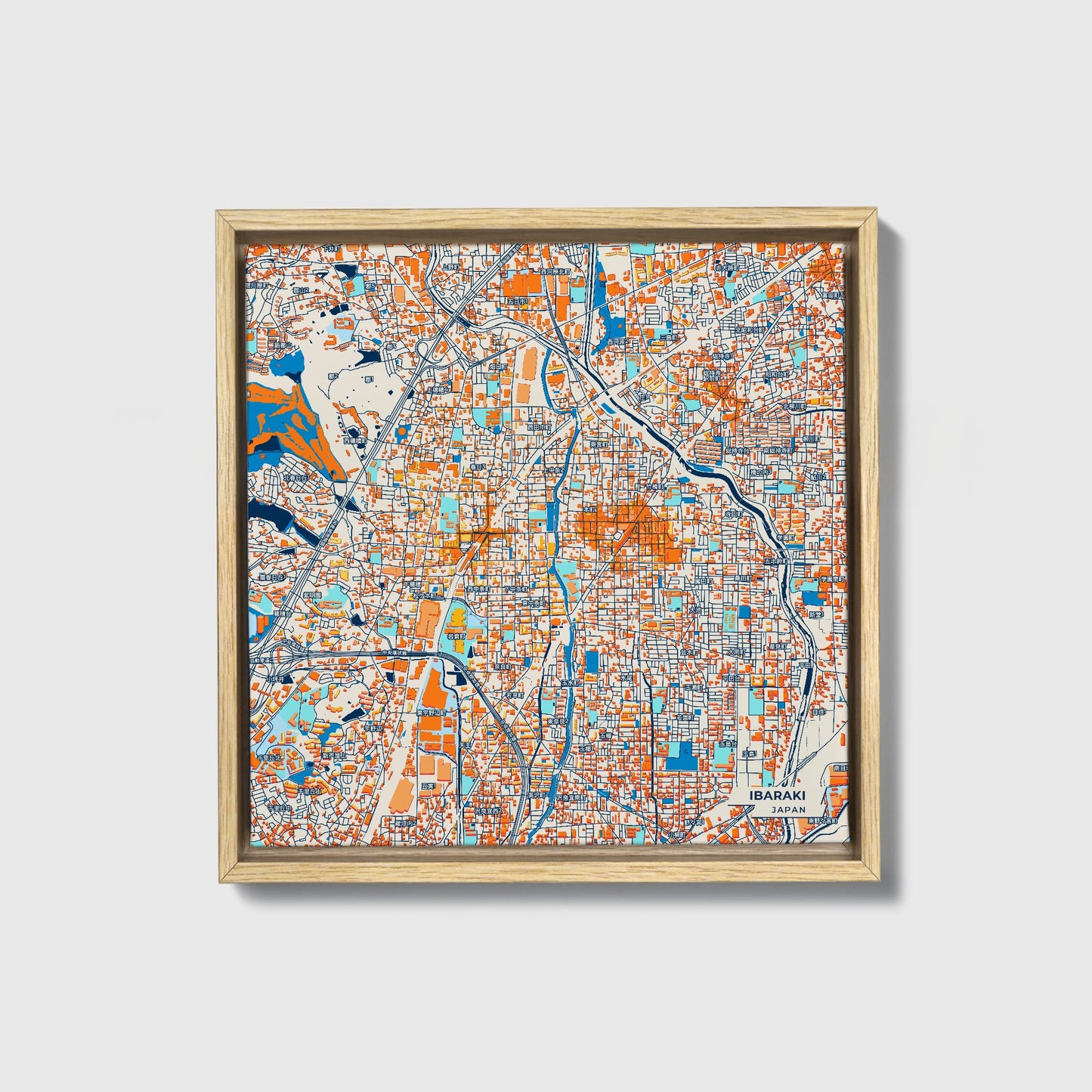 Ibaraki Japan Colorful City Map Canvas Print • Natural Wooden Framed