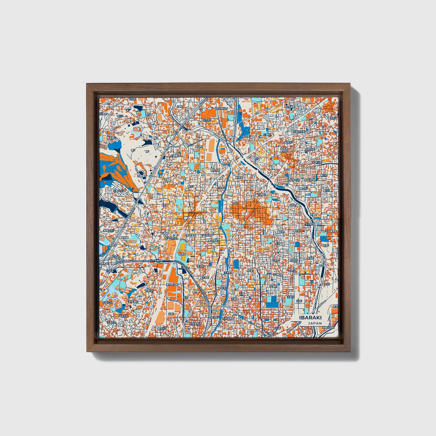 Ibaraki Japan Colorful City Map Canvas Print • Dark Wooden Framed