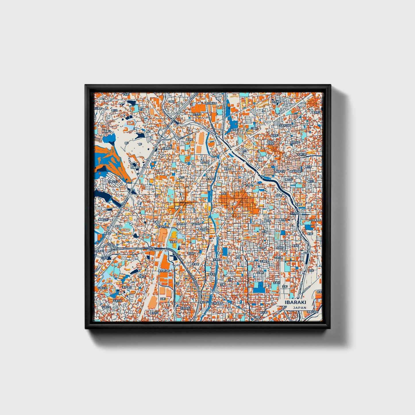 Ibaraki Japan Colorful City Map Canvas Print • Black Framed