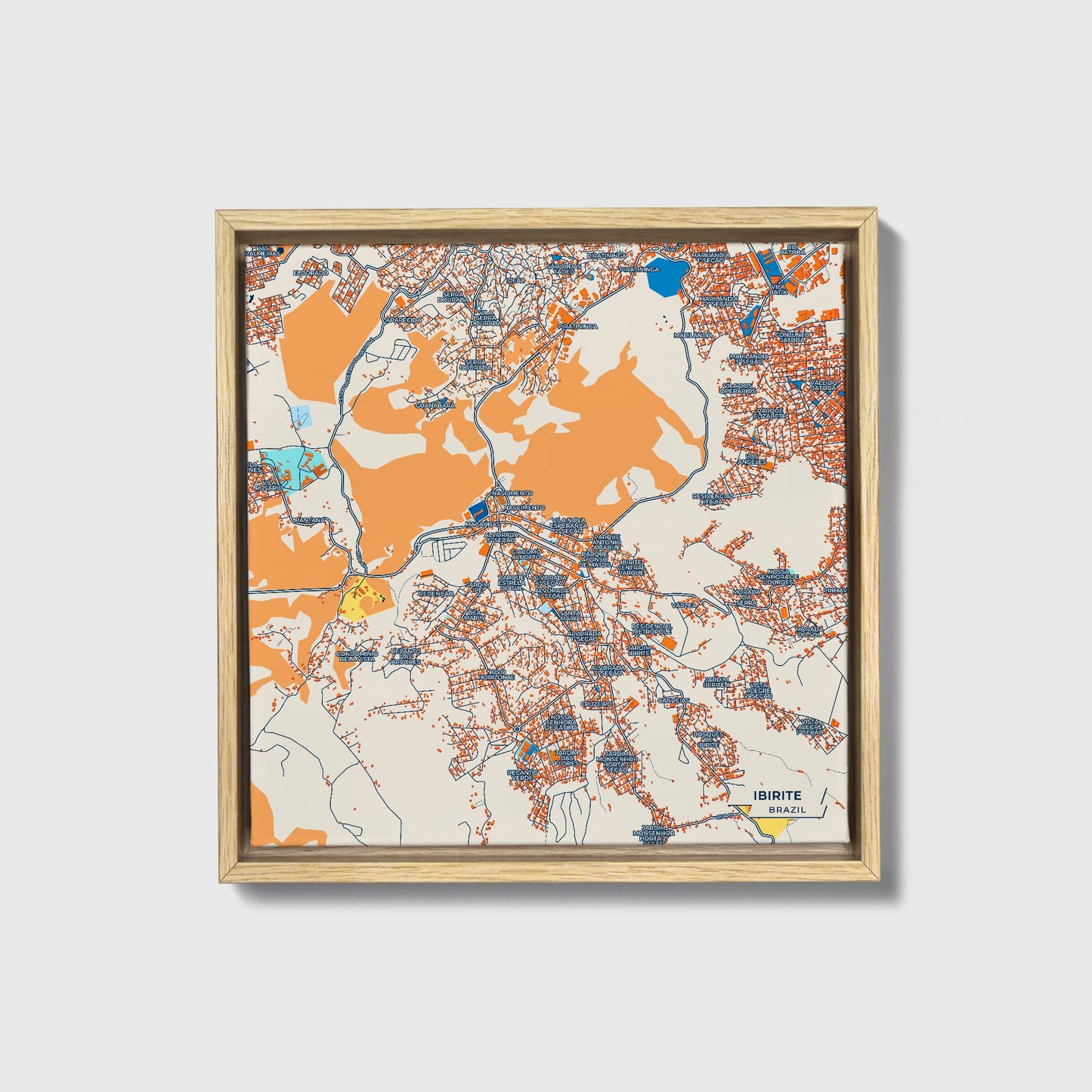 Ibirite Brazil Colorful City Map Canvas Print • Natural Wooden Framed