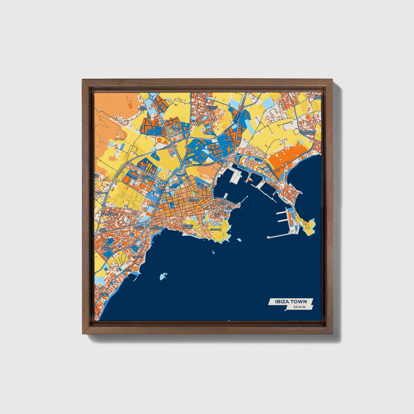 Ibiza Town Spain Colorful City Map Canvas Print • Dark Wooden Framed