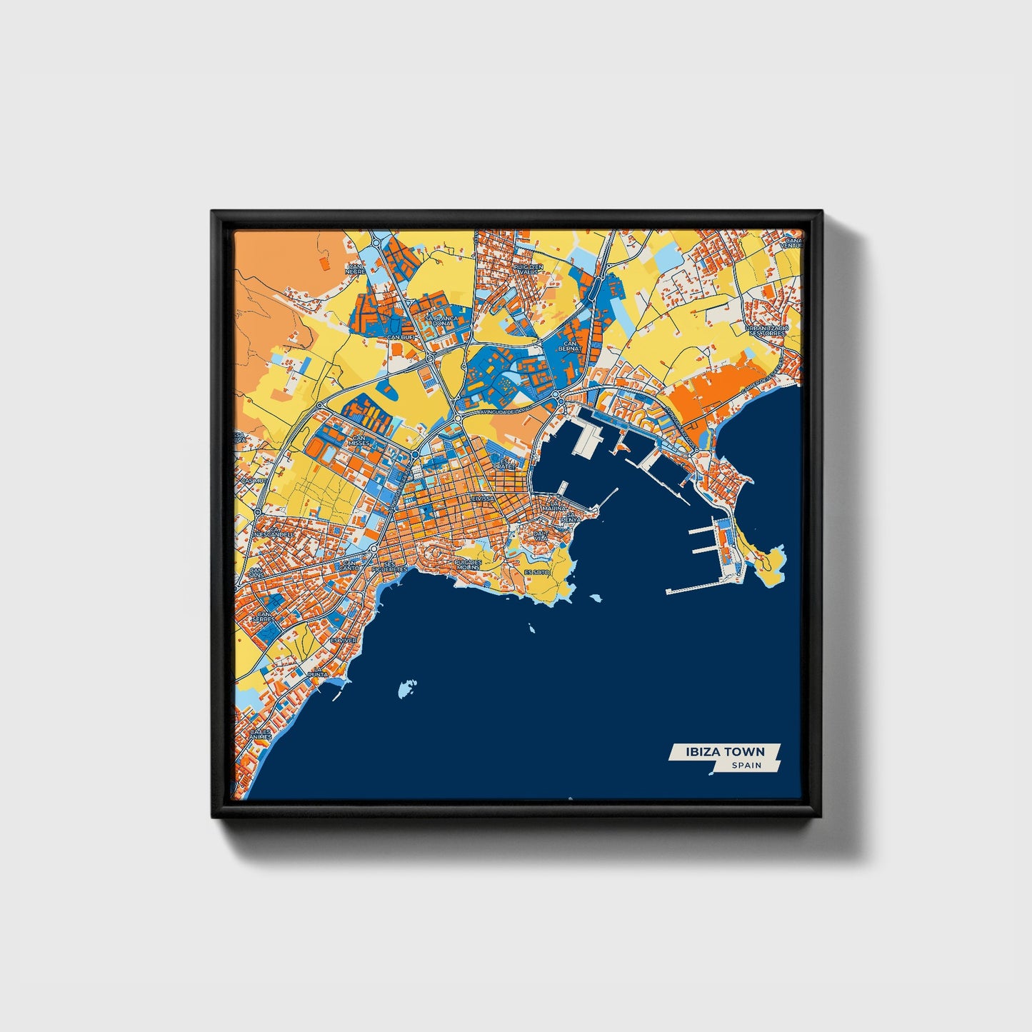 Ibiza Town Spain Colorful City Map Canvas Print • Black Framed