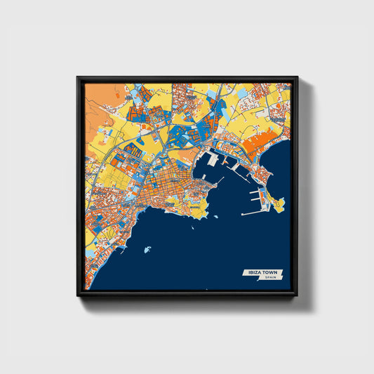 Ibiza Town Spain Colorful City Map Canvas Print • Black Framed