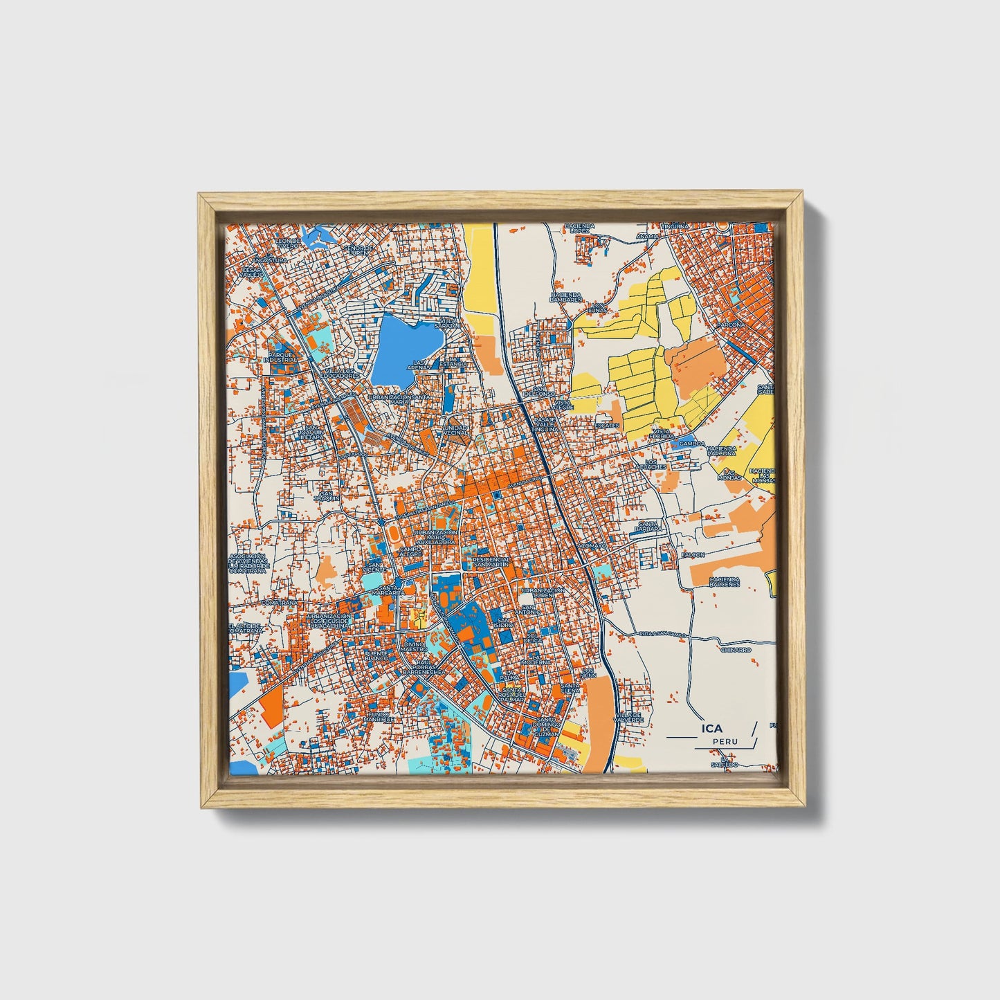 Ica Peru Colorful City Map Canvas Print • Natural Wooden Framed