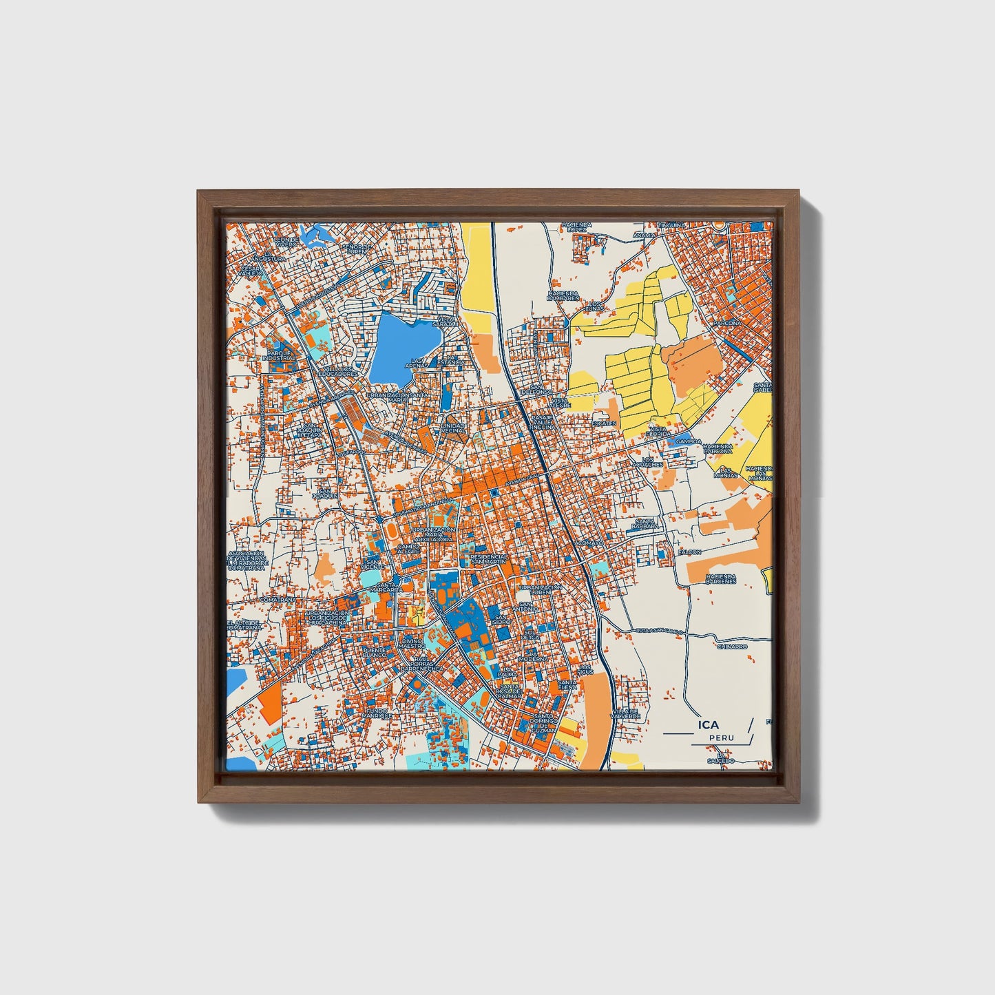 Ica Peru Colorful City Map Canvas Print • Dark Wooden Framed